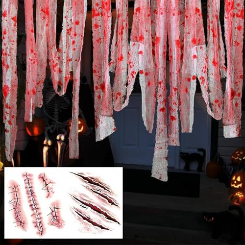 Vendaje Sangriento de Halloween 10m x 8cm Vendaje de Sangre Realista 10 Piezas Pegatinas de Tatuaje de Zombi Decoración de Fiesta de Halloween Decoración de Disfraces Pegatinas de Tatuaje