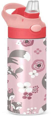 Sevdomey Bouteille d'eau en acier inoxydable avec motif renard et fleurs pour filles et garçons, bouteille d'eau isotherme anti-fuite de 350 ml avec paille pour école, crèche, voyage, sport