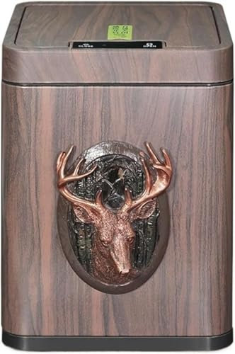 DZYHFCO Corbeille à papier vintage grain de bois avec couvercle, poubelle intelligente à induction avec seau à doublure amovible et port de charge USB, poubelle automatique carrée moderne (cerf, 10 l)