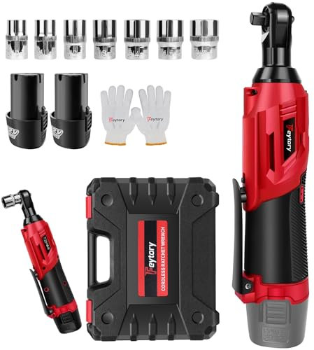 Yiyai 12V Akku Ratschenschlüsse 3/8 Zoll, 40Nm Elektrischer Ratschenschlüssel 2 x 1500mAh Akku, 7 Steckdosen und LED-Licht, Kabelloser Ratschenschlüssel für Reifen, Rohrleitungswartung - Rot