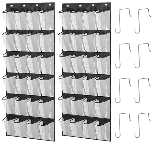 zeyedemo 2Sets Over The Door Shoe Storage Organizer 48Large Pockets Hanging Shoe Organizer with 8 Duty Metal Hooks Back of The Door Foldable Breathable Shoe Storage for Storing Slippers Leather Shoes