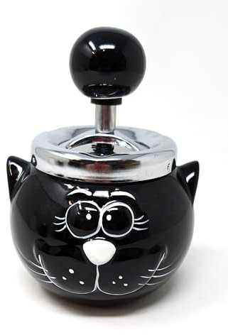 Aschenbecher mit niedlicher Katze, Keramik, schwarzes Katzen-Design mit Chrom-Deckel, Retro-Aschenbecher