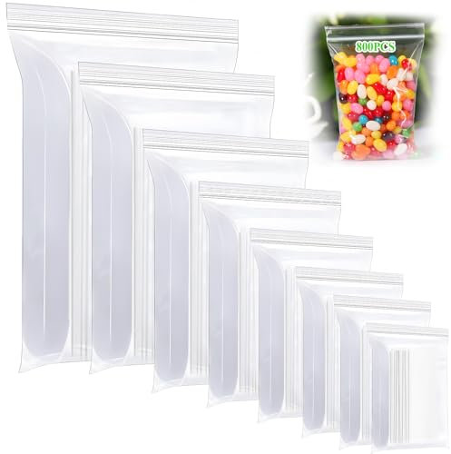 BBLTIFF 800 Pcs Bolsas Zip, 8 Tamaños Hermeticas Ziplock Bags Reutilizable, Bolsas Zip Pequeñas, Bolsas Transparentes, Bolsitas Plastico Transparente Autocierre 100μm, para Guardar Joyas, Alimentos