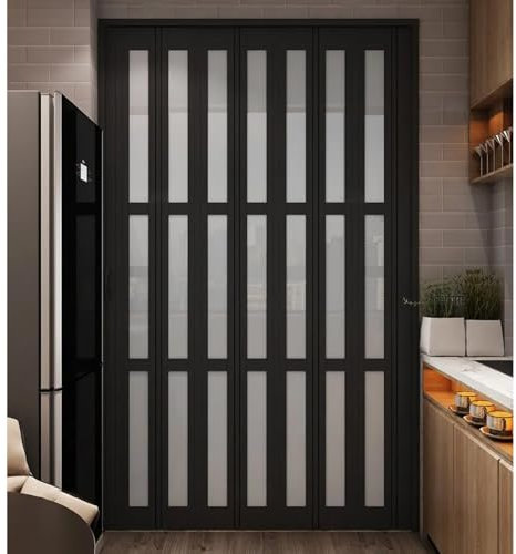 Puertas plegables interiores de acordeón de cristal negro moderno con asas, ahorro de espacio, puertas plegables telescópicas para cocina, lavadero y baño, 132 x 229 cm