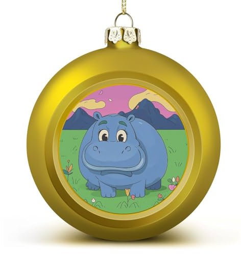 6 cm Weihnachtskugel-Ornamente, Cartoon-Nilpferd-Druck, goldener Kunststoff, bruchsichere Weihnachtskugeln, Dekoration, hängende Weihnachtskugeln für Weihnachtsbaumschmuck, mit Schnüren