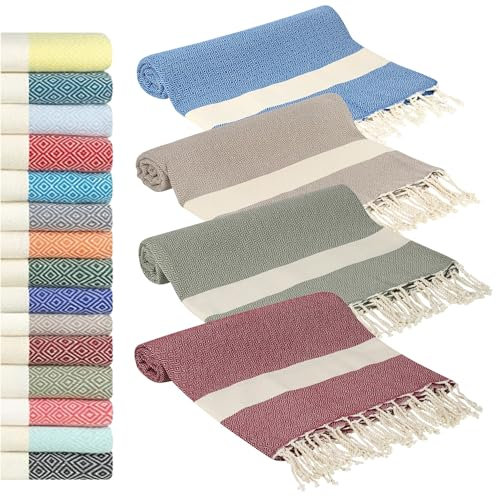 Saunahandtuch Saunatuch Damen + Herren, Hamamtuch groß 100x200 XXL: lang, platzsparend, leicht | Sauna Handtuch, Wellness Spa Tuch (Olive + Burgunder + Dunkelblau + Braun, 4er Set | 100 x 200 cm)