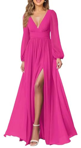 Vestido de dama de honor de gasa con cuello en V y bolsillo formal de manga larga para boda, fucsia, 40