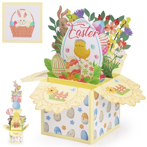Bighan Pop Up Osterkarte, 3D Klappkarte zu Ostern, Ostereier und Osterhasen Dreidimensional Karte, Pop Up Ostergrußkarte, 3D Happy Easter Handmade Karten mit Umschlag und Blanko Notiz