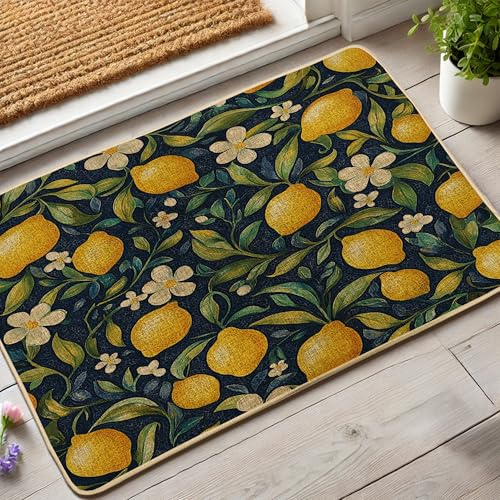 Lemon Floral Doormat, Yellow Lemons Door Mat for Outdoor & Indoor Entrance Seasonal Decor, Rubber Waterproof Non-Slip Dust Absorbent Front Doormat, Easy Clean 29x17 Inch