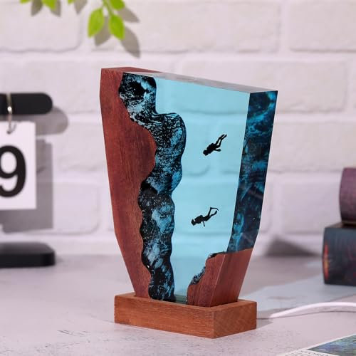 Drawelry 3D Harz Ozean Tier Figuren Nachtlicht Ornamente mit Holz Sockel USB-Kabel Epoxidharz Marine Statue Dekoration Mehrfarbige LED Nacht Lampe für Wohnzimmer Schlafzimmer Kinderzimmer Deko (A1)