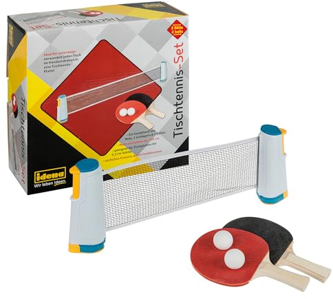 Idena 90957 - Tischtennis Set mit Netz, Zwei Kellen und Zwei Bällen, zur einfachen Montage an Tischplatten, für Unterwegs, im Urlaub oder im Garten