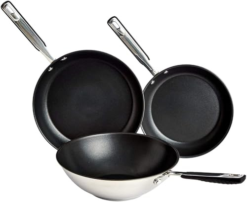 Amazon Basics - Set da 3 pezzi in ceramica antiaderente in acciaio inossidabile, 24cm, padella 28cm, wok da 28cm