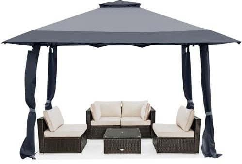 COSTWAY Pavillon 4x4 m, Pop up Faltpavillon Doppeldach, Wasserdicht Stabil UV-Schutz 50+, Gartenpavillon mit Tragetasche auf Rollen, Gartenzelt für Terrasse, Garten (Grau)