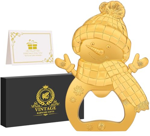Schneemann Flaschenöffner, Bieröffner Flaschenöffner mit Geschenkbox, Weihnachtsgeschenke, Biergeschenke für Männer Frauen Vater Freund Bierliebhaber, Tragbare Bier Kapselheber, Bierzubehör, Golden