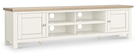 RoselandFurniture Farro Coconut White 180cm Large TV Unit for Living Room | Fully Assembled, Television Cabinet with Washed Oak Top, Painted Finish, Suitable for 75 Inch Screen, Farmhouse Style