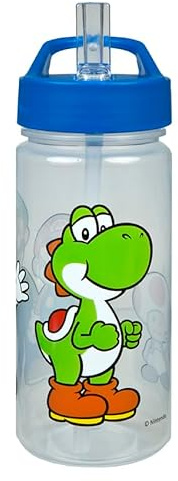 Undercover Scooli Aero Super Mario Botella de 500 ml, sin BPA, pajita plegable, 19 x 9 cm, transparente con tapa azul