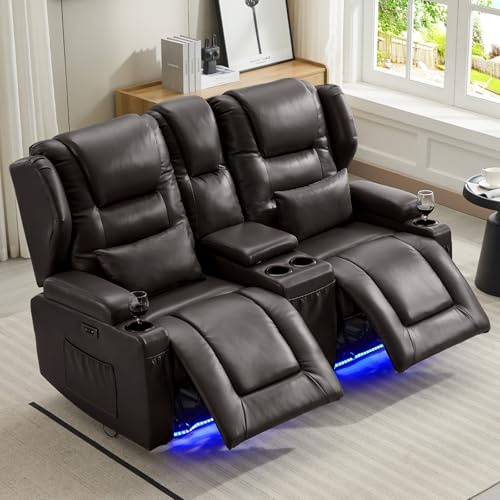 SAMERY Wandnaher 2-Sitzer Relaxsessel mit Liegefunktion, Kunstleder Fernsehsessel Elektrisch Verstellbar, Kinosessel 2 Sitzer Sofa TV Sessel mit Becherhalter, USB, Type-C, LED, Taschen (Braun)