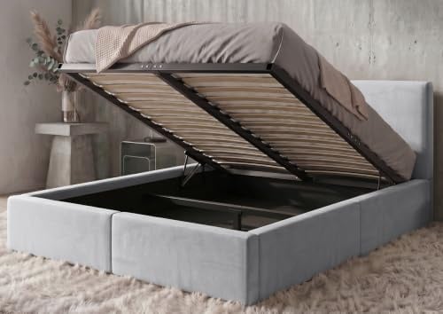 Polsterbett 140x200 cm mit Bettkasten und Lattenrost – Stauraumbett Doppelbett in Aschgrau Pflegeleichter Samtbezug Gepolstertes Bettgestell belastbar bis 300 kg ohne Matratze (Aschgrau, 140x200cm)