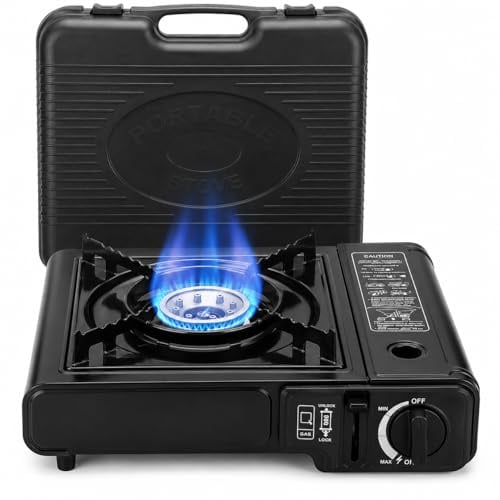 Pincho Camping Gas Portatil, Hornillo de Gas Butano, Cocina de Butano, Hornillo Portatil con Maletin Rigido, Cocina Camping con Control de Llama - 1 Fuego, Cartucho Tipo Cassette, CE