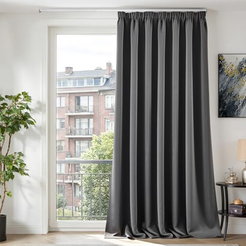 TOPICK Gardinen Vorhänge Verdunklungsvorhänge H260xB200 1 Stück Dunkelgrau | Gardinen mit Kräuselband Schlafzimmer Vorhänge Blickdicht Wohnzimmer Blackout Curtain Living Room Gardinen für Schienensystem