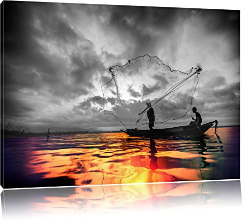 Pixxprint Angler Angeln mit großem Fangnetz auf See B&W, Größe: 60x40cm, Leinwandbild, fertig gespannt, Wandbild, Dekoration, Kunstdruck, kein Poster
