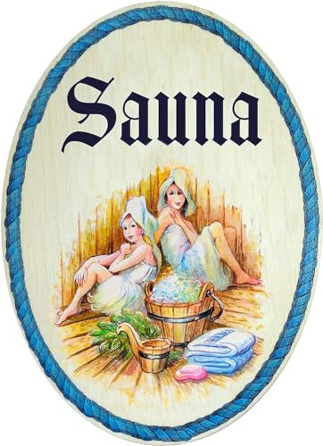 Kaltner Präsente Geschenkidee - Holz Geschenkartikel Deko Türschild im Antik Design Dekoartikel Motiv Sauna (Ø 18 cm)