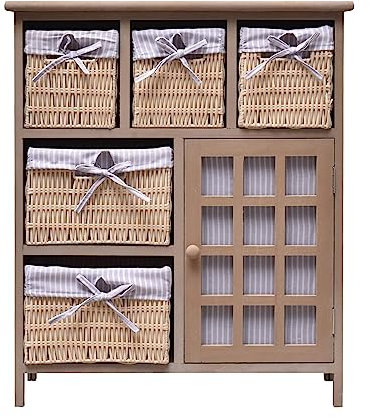 Rebecca Mobili Aparador Multiusos Ahorra Espacio, cómoda con 1 Puerta, 5 cestas de Mimbre, paulonia, Beige, Estilo Country, Muebles baño Cocina - Medidas: 70x60x30 cm (AxANxF) - Art. RE4444