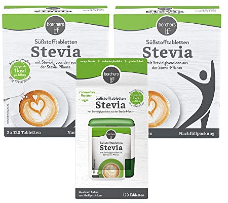borchers Stevia Süßstofftabletten Vorteilspack | Süßungsmittel | Zuckerersatz | Tablettenspender 120 Tbl. + 2 x Nachfüllpack