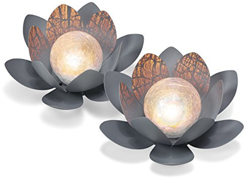esotec Solar Dekoleuchte Lotusblüte, 2er Set, Echtglas Crackle Bruchglas, Solarkugel, Solarleuchte, Gartenliebhaber Geschenk, Gartenkugel, 2700K warmweiß, Metallblätter, IP44, außen, outdoor, 102087