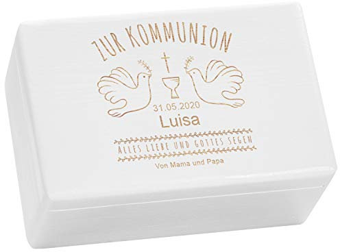LAUBLUST Holzkiste zur Kommunion - Tauben Motiv | Geschenkkiste Personalisiert mit Gravur, FSC® (Weiß, ca. 30 x 20 x 14 cm | M)