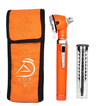 ADS Medicare Mini Otoscope ENT Optical Fibre LED Illumination Medical Tool Diagnostic Examination CE Approved with Complimentary Ear Cleaner & Spare Bulb (Orange)