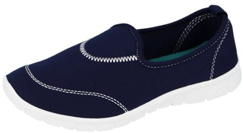 Ladies Canvas Mesh Memory Foam Slip On Flat Ultra Lightweight Flexi Plimsoll Pumps Sports Comfort Trainers Go Shoes Size 3-8 (Navy, 5)