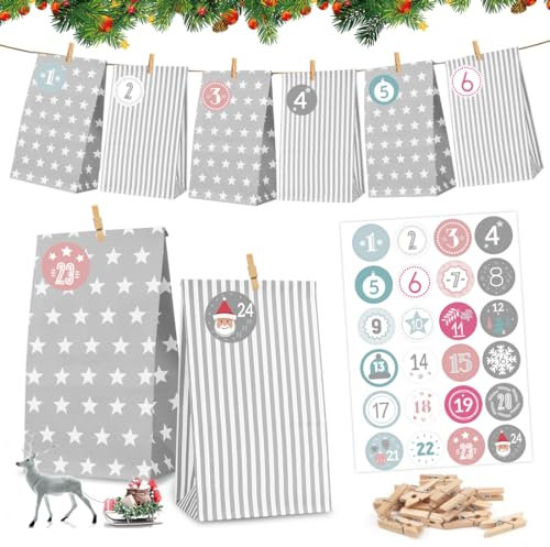 Adventskalender zum Befüllen Tüten Grau, 24 Adventskalender Papiertüten mit Zahlenaufklebern, DIY Weihnachtskalender zum Befüllen, Adventskalender Selber Basteln, 24 Geschenktüten für Weihnachtszeit