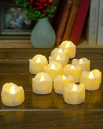 PChero LED Teelichter mit 6 Stunden Timer, 12er Set Elektrische Flammenlose LED Kerzen Flackernde Flamme mit Batterie und Timerfunktion für Halloween Zimmer Silvester Kürbis Deko Weihnachten – Beige