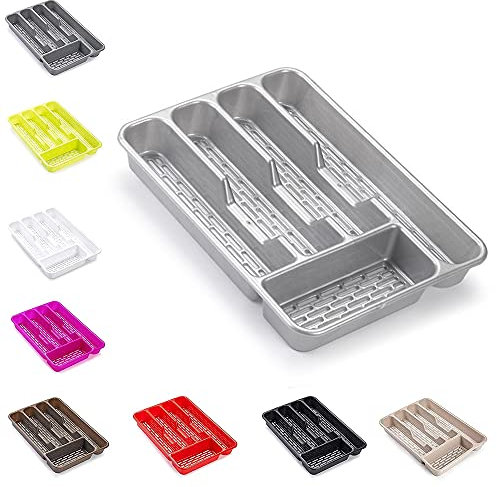 plastific Large CUTLERY TRAY Flatware Organiser Strong Plastic Drawer Sliding Tidy Cutlery Drawer Tray | Kitchen Storage Utensils and Knives Organizer (33 x 24 x 4.3, Silver)