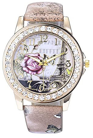 Uhr Damen Analog Quarz Armbanduhr Damenuhr Marken Luxus Uhren Quarzuhr Watch Geschenk für Teenager Mädchen Frauen Rosenmuster Lederband Analog Quarz Vogue Armbanduhren BW