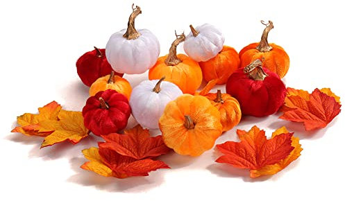12PCS Herbst Deko, Halloween Kürbis set, Kürbisse , Samt Plastik mini mit 24 Pcs künstliche Ahornblätter, für Geschenk, hochzeit, , Erntedankfest deco