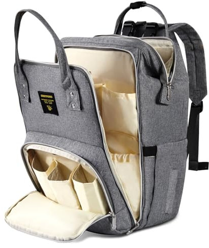 SUNVENO Baby-Windel-Rucksack mit großer Kapazität und tragbarer Wickelunterlage für Mütter und Väter, Grau, Grande
