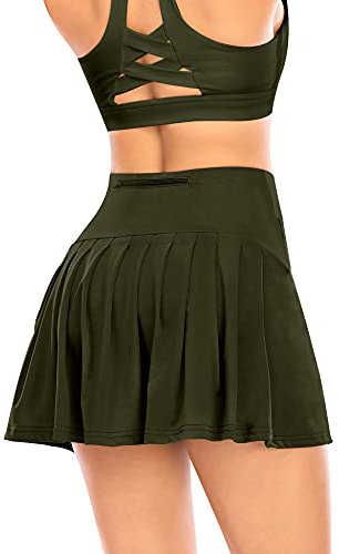 Damen Plissierter Tennisrock mit Hose Faltenrock Kurz Hosenrock Tennis Golf Sport Workout Running Rock Sommerrock Minirock (Armeegrün, XS)