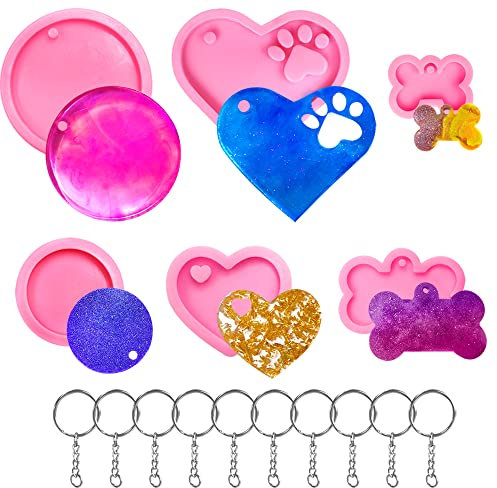 lyfLux 16 Stück Silikonharz-Schlüsselanhänger-Formen-Set, Herz-Katzenpfoten-Anhänger, runde Hundemarken-Anhänger, Harz-Formen mit 10 Stück Schlüsselringen für DIY-Schlüsselanhänger-Dekoration