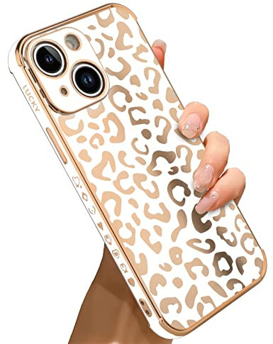 Bonoma Schutzhülle für iPhone 13, Leopardenbeschichtung, galvanisiert, luxuriös, elegant, Kameraschutz, weiches TPU, stoßfest, Ecken-Rückseite, iPhone 13, Weiß