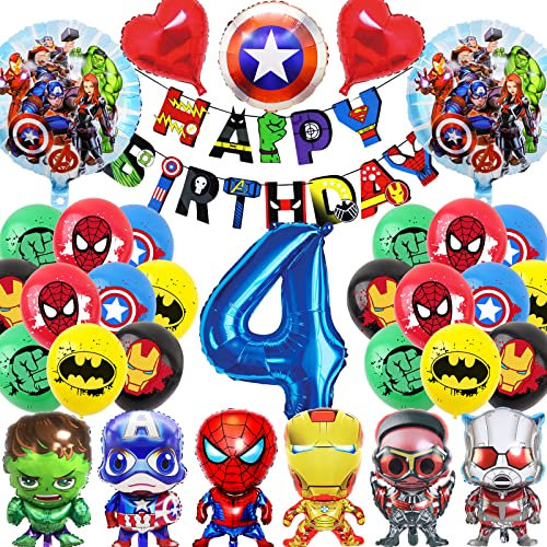 POVALLOV 33pcs Kindergeburtstag Deko Held Ballons, Räche Geburtstagsdeko 4 Jahr Set, Luftballons für Junge MäDchen zum 4. Geburtstag, Eburtstag Balons Deko, Zahlen Anime Luftballon mit Fahne
