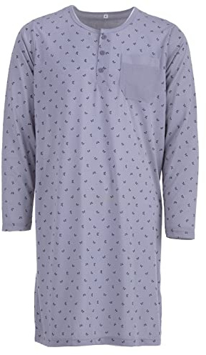 Lucky Herren Nachthemd Langarm Rundhals Schlafshirt Knöpfe Grafik Brusttasche Druck, Farbe:grau, Größe:XXL