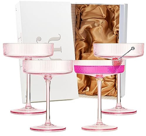 Khen Ribbed Vintage Art Deco Coupe Glasses - Martini, Champagne & Cocktail Ribbed Glasses 8oz | Cute Crystal Glassware Sets, Pink, 4 Pieces, Housewarming Gifts