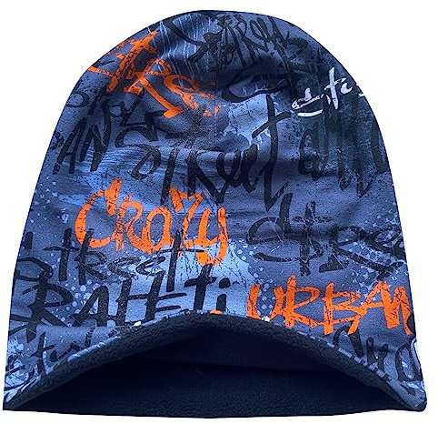 Wollhuhn Öko Warme Winter Jungen/Mädchen/Kinder Winter Long Beanie Mütze Mit Fleecefutter Versch. Motive (aus Öko-Stoffen, Bio) 20220666 (Skater Grau/Orange, M)