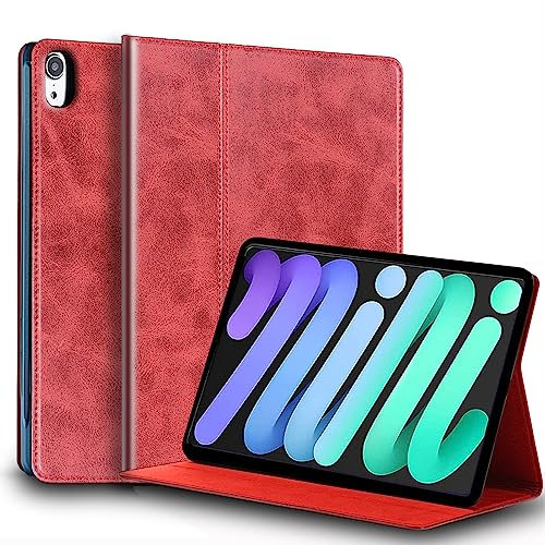Gexmil Genuine Leather Case for iPad Mini 7 (A17 Pro) 2024 / iPad Mini 6 Generation 2021 8.3 Inch,Adjustable Stand,Smart Cowhide Cover Shockproof,Anti-Fingerprint Anti Slip,Oil Wax Red