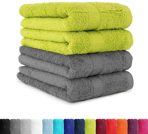 BaSaTex Frottee Handtücher Set 50x100, 100% Baumwolle Öko-Tex Made in Green, Handtuch Set 4er Pack Anthrazit Grau + Apfelgrün