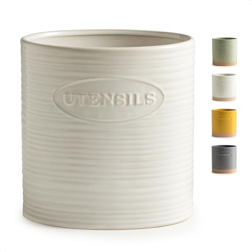 YHOSSEUN Large Countertop Ceramic Utensil Crock for Spatula & More - Oval Shape, White
