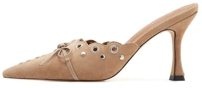 ATBELL Pantoletten mit Fliege und Absatz für Damen, spitze Nieten, Kätzchen-Absätze, Kleid, Pumps, rückenfrei, Stilettos.., Hellbraun, 41 EU
