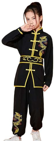 YEMYIQZ Kung Fu Uniform for Boys Girls Kids Traditional Chinese Embroidered Tai Chi Wing Chun Master Martial Arts Set Outfit (Black, L)